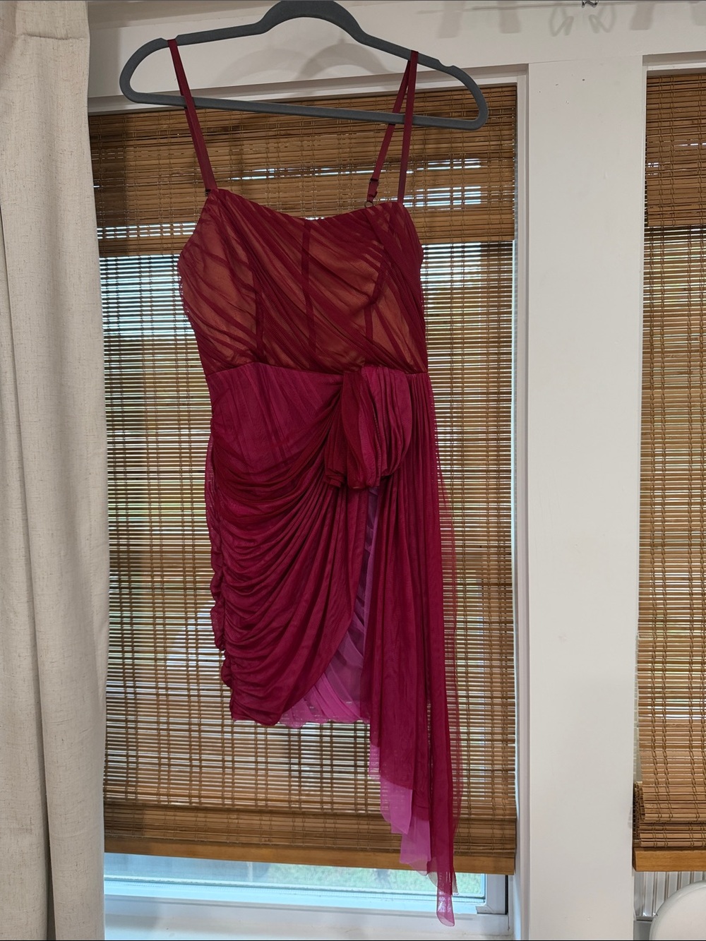 Women’s Draped Sheer Chiffon Slip Dress in Deep Berry